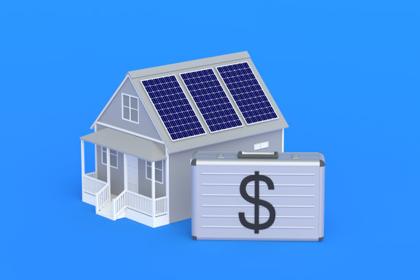 聪明的房子。节能住房的成本。家庭装修。安装太阳能电池板。绿色能源的盈利能力。服务维护。大楼附近的钱手提箱。三维渲染图片下载