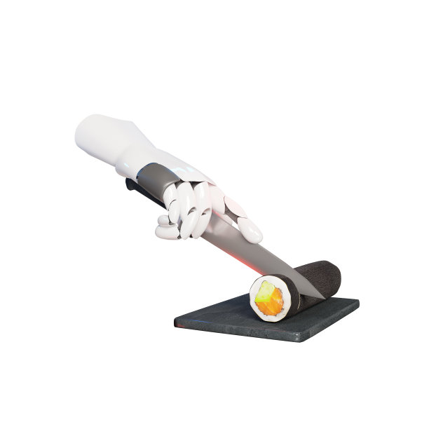 机器人手用刀切鲑鱼和鳄梨，孤立在白色背景上，3d渲染图片下载