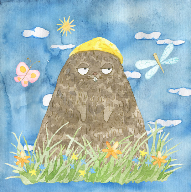 设计集可爱的卡哇伊土拨鼠动物，草和蝴蝶孤立在白色，水彩插图为快乐土拨鼠日贺卡，欢迎春天的概念图片下载