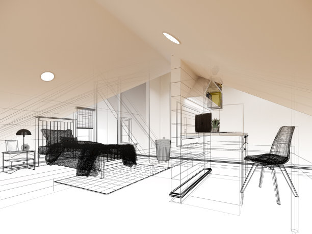 室内阁楼卧室草图设计，三维效果图绘制图片下载
