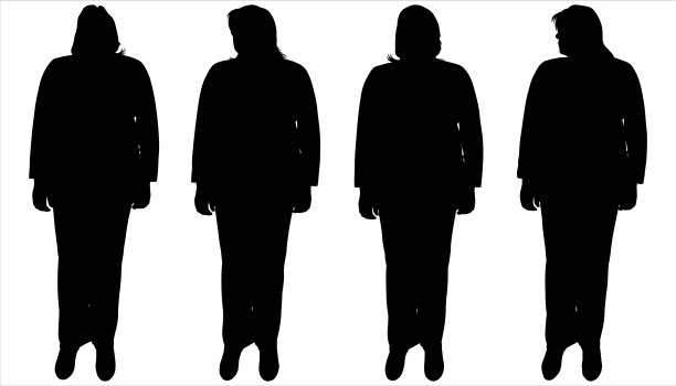 女人剪影在黑色孤立在白色背景上。四个女人站成一排。前视图。一群人朝不同的方向看。穿着西装裤的办公室职员图片下载