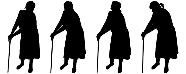 向量黑色女性剪影在一个白色的背景。四个女人手里拿着一根手杖，站在一起。侧视图。养老金领取者。残疾人。拿着棍子的老妇人。图片下载