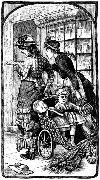 19世纪，妇女们抱着婴儿车里无聊的孩子;讲故事;黑边;我们自己的宪报1888图片下载