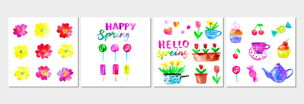 春天的背景花，鸟，心，茶壶，杯子，蛋糕，糖果，冰棒，郁金香，水仙花图片下载