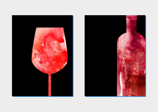 水彩抽象红酒染色溅玻璃和瓶子在黑色的背景图片下载