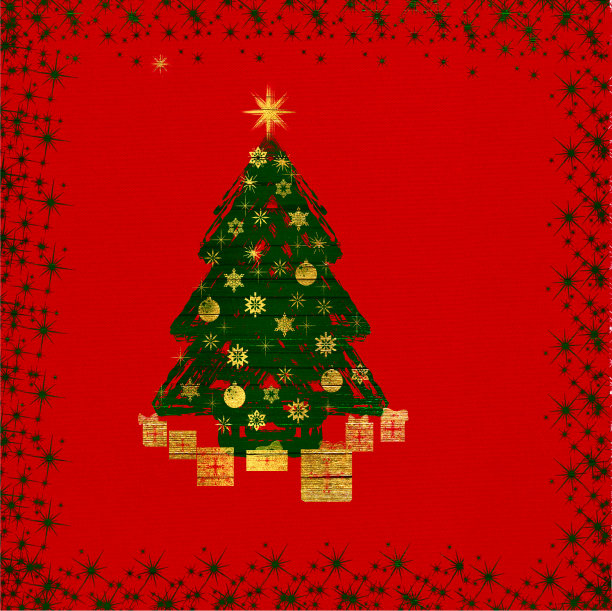 圣诞画框上装饰着圣诞树和礼物，红色画布，空白，画框，星星，焦炭红色经典，金色，绿色，彩色，背景，季节性，明信片图片下载