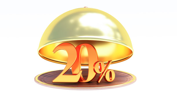 餐厅钟形与黄金百分之二十孤立在白色背景。图片下载