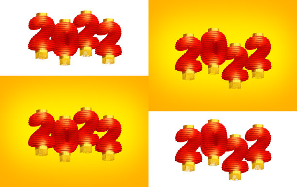 2022年农历新年的日期。一套创意飞行传统红色照明中国灯笼(纸灯)在白色和黄色的背景与灯光效果图片下载