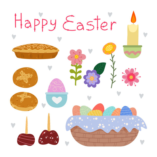 复活节设计的一组元素。这里有各种各样的复活节物品:纸杯蛋糕、一篮子鸡蛋、一支蜡烛和各种鲜花。复活节的剪纸艺术。向量图片下载