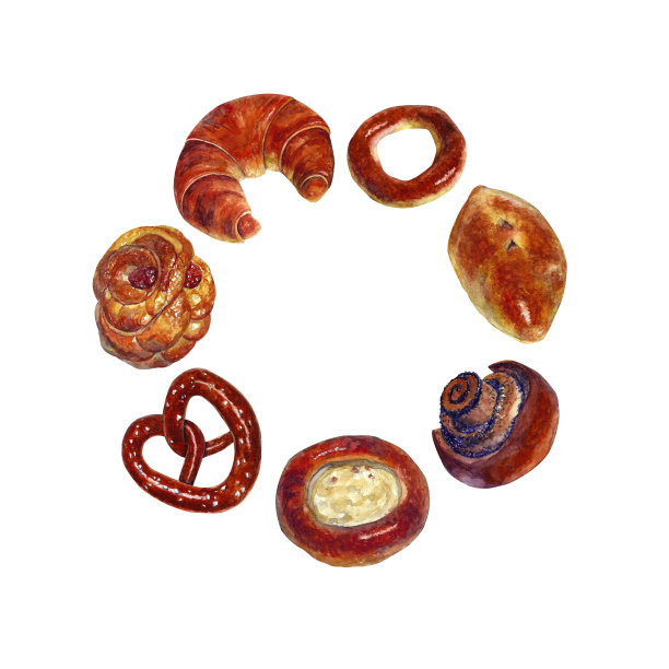 一套水彩面包房产品插图。图片下载