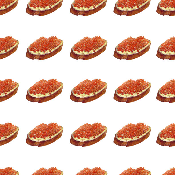 水彩无缝图案三明治与红色鱼子酱在白色背景图片下载