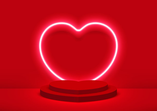 舞台上装饰着心形霓虹灯。底座场景与产品显示在红色背景。情人节的背景。最小的风格。矢量插图。图片下载