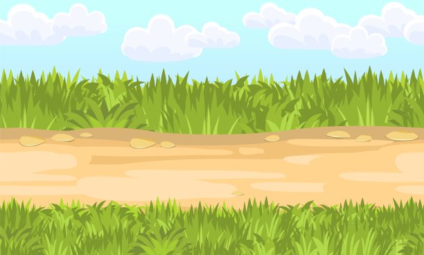 无缝沙路。横向边界组成。夏天草甸景观。多汁的草。农村的乡村风景。卡通设计。平面风格艺术插图矢量图片下载