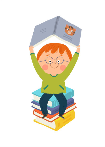 快乐可爱的男孩坐在一堆书和阅读一本书，孩子享受阅读，手绘卡通插图孤立在白色的平面风格。图片下载