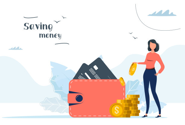 存钱、钱包和现金。经营理念。美丽的女人。向量图片下载