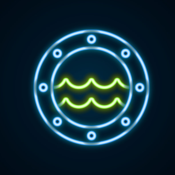 发光的霓虹灯线船舷窗与铆钉和海景外面的图标孤立在黑色背景。色彩斑斓的轮廓的概念。向量图片下载