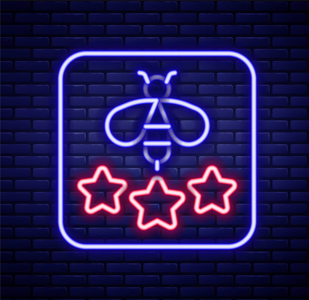 发光的霓虹灯线类型的蜜蜂图标孤立在砖墙背景上。甜蜜的天然食品。有翅膀的蜜蜂或apis。飞行昆虫。色彩斑斓的轮廓的概念。向量图片下载