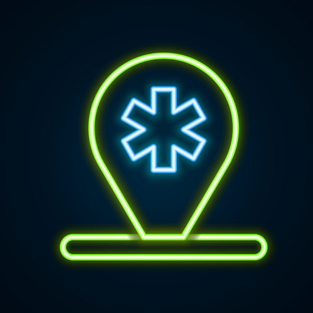 发光的霓虹灯线医疗地图指针与交叉医院图标孤立在黑色背景。色彩斑斓的轮廓的概念。向量图片下载