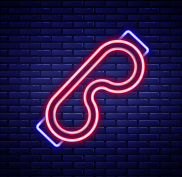 砖墙背景上发光的霓虹灯眼罩图标，睡眠面罩，彩色轮廓概念，矢量图图片下载