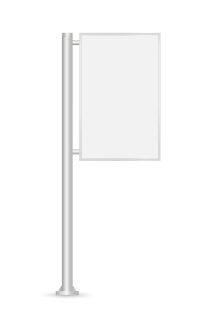 城市户外标识、灯箱、街道广告牌、垂直信息路牌。高钢杆模型。向量现实的空模板。前视图。每股收益10。图片下载