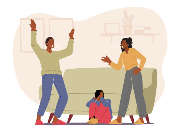 愤怒的父母互相责骂，年幼的儿子捂着耳朵坐在地板上。母亲和父亲的争吵，家庭冲突图片下载