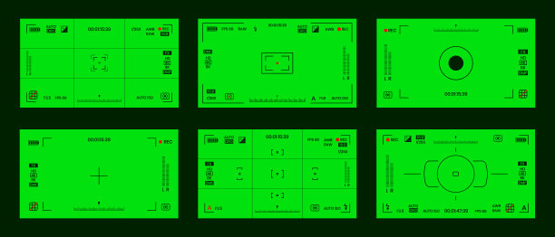 绿色彩色色度键相机rec帧取景器叠加背景屏幕平面风格设计矢量插图集。图片下载
