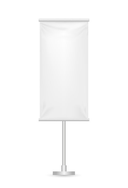 竖旗立在钢柱上。模型为广告，展览，品牌，促销。向量现实。带有折叠的空模板。纺织品，聚氯乙烯，乙烯基，尼龙。每股收益10。图片下载