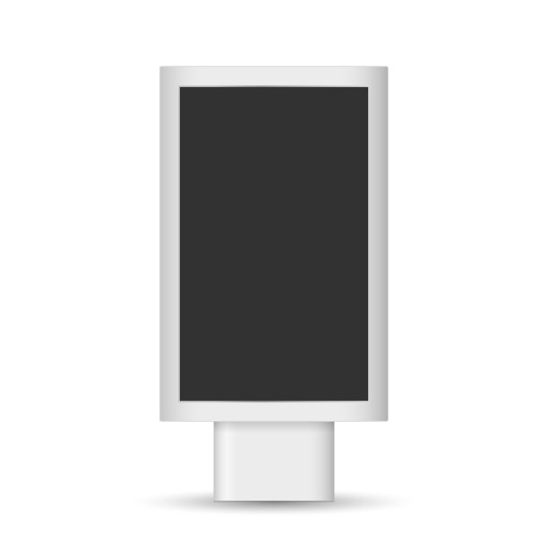 矢量现实的城市灯箱。户外广告数码显示。银色垂直结构与黑幕。演示模型，设计，广告，pos.空模板。前视图。每股收益10。图片下载