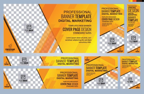 黄色和黑色网页横幅模板集，覆盖页标准尺寸与空间。矢量图图片下载