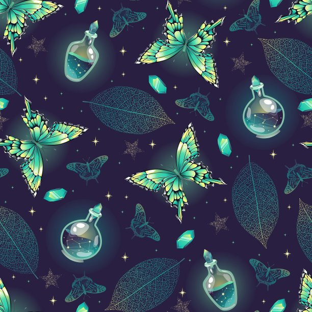 有蝴蝶和草药的神奇图案。图片下载