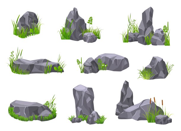 石头在草地上。3d岩石，砾石与绿色灌木石。灰色的巨石，破碎的山脉。地理自然元素，游戏设计精确的向量集图片下载