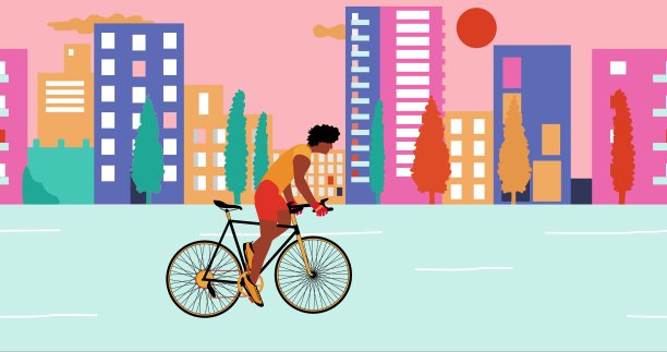 非裔美国人骑着自行车，在夏日的日落时分，在空荡荡的城市里骑着自行车。卡通、平面设计、插图图片下载