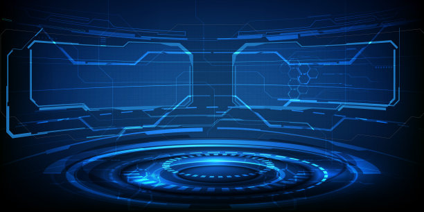 未来数码科技平台，蓝色霓虹灯数码元素和高科技展示底座。图片下载