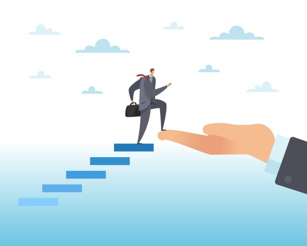 业务不断攀升。成功的职业发展。收入和机会的进步，在公司的发展，商人上升的步骤，巨大的手支持和帮助。向量孤立的概念图片下载