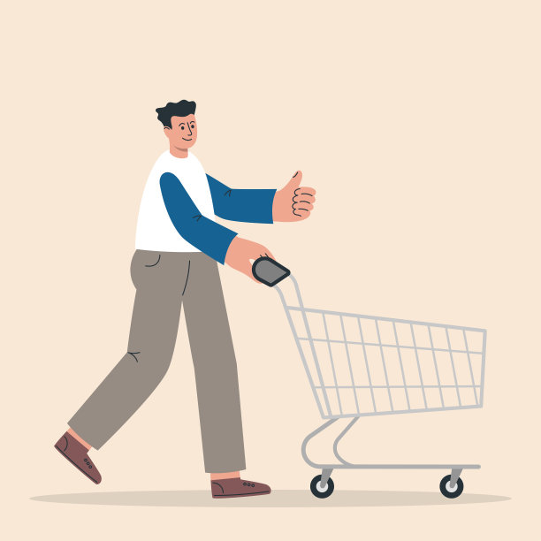 推着空手推车的男人顾客购物。购买打折商品。图片下载