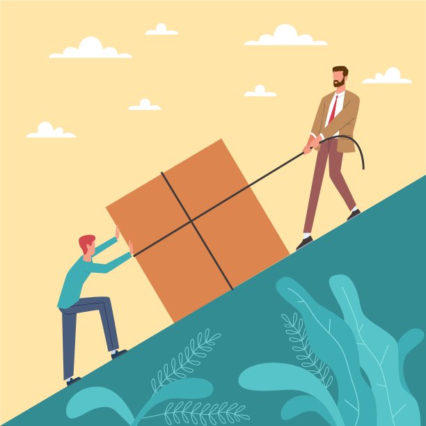 团队合作。互助。男人一起推箱子上山，人合作协作，同事伙伴关系在公司团队建设矢量孤立的经营理念图片下载