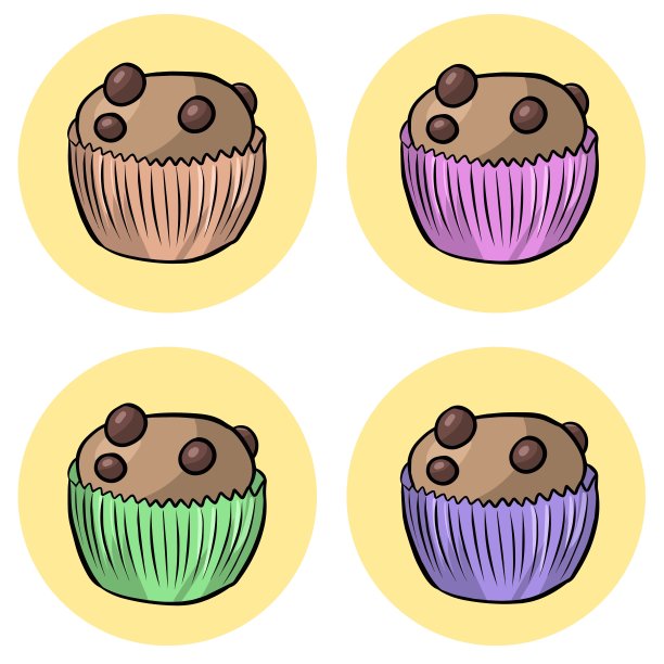 五颜六色的模具里有巧克力屑的美味纸杯蛋糕，一个设计元素，一个徽标，一个图标。矢量图图片下载