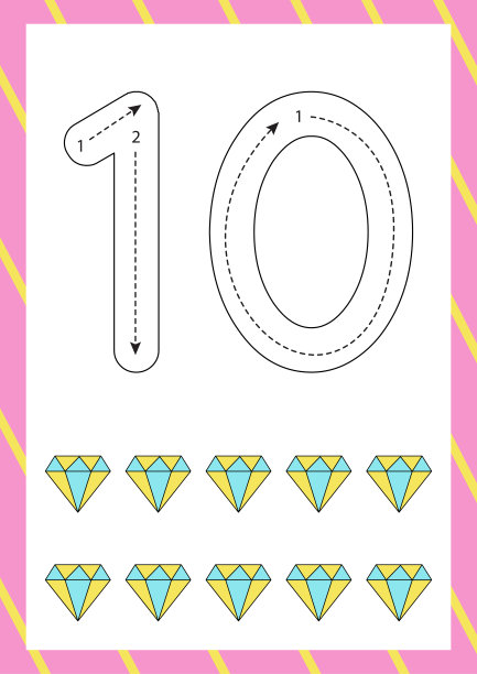 可爱的抽认卡，教你怎么写“十”。工作表的孩子。图片下载