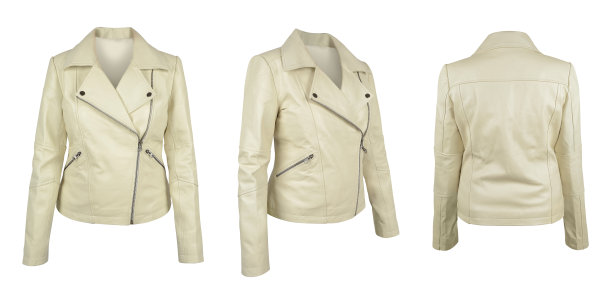 女性米色皮夹克背面观点，妇女的服装。图片下载