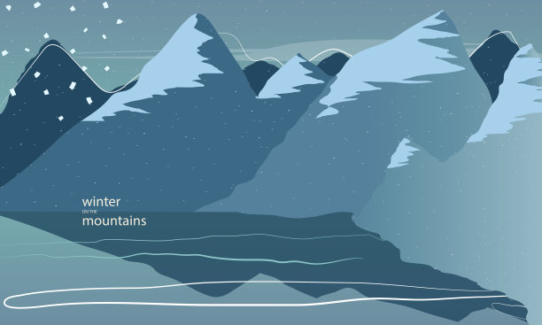 冬天的风景背景与雪山和冰冻的湖。蓝色和白色的平面和最小的风格。手绘矢量插图完美的着陆页，海报，壁纸…图片下载