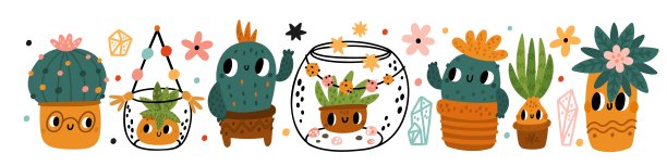 有趣的仙人掌。在花盆或不同花的家庭植物。可爱的多肉植物，有可爱的脸在玻璃容器里。花盆中的沙漠仙人掌。卡通的人物。向量组室内植物图片下载