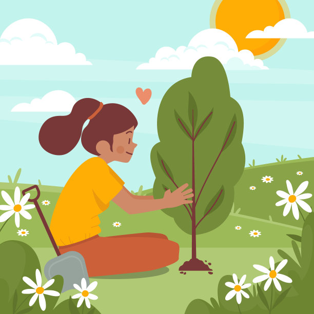 手绘植树妇女矢量插画图片下载
