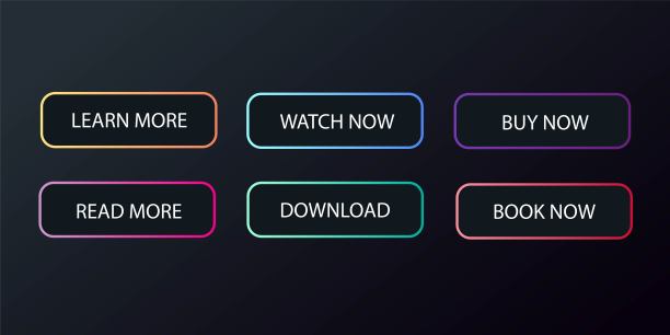 网站和应用程序的一组按钮。用户界面的平面设计。彩色图标:下载，了解更多，现在购买。渐变框架在黑暗的背景。矢量图像，现代风格。图片下载