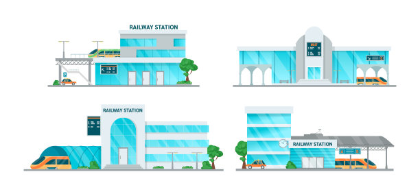 火车站建筑卡通集矢量插图图片下载
