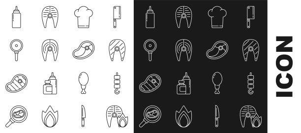 Set line烤鱼牛排和火焰，烤肉串，鱼，厨师帽，煎锅，酱汁瓶和牛排肉图标。向量图片下载