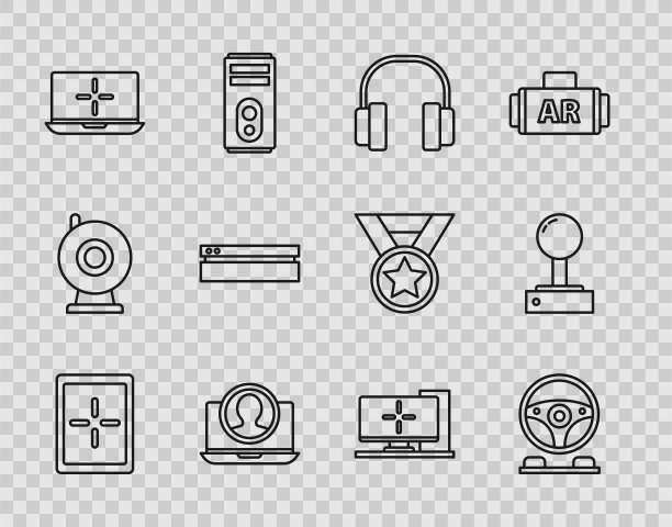 设置线平板电脑，赛车模拟器驾驶舱，耳机，创建帐户屏幕，笔记本电脑，视频游戏机，电脑显示器和操纵杆的街机图标。向量图片下载