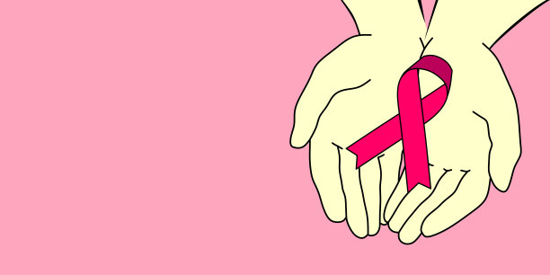 乳腺癌图示，手掌上有粉色缎带。乳腺癌宣传月的横幅图片下载