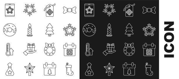 设置线圣诞袜，日历，雪花，价格标签铭文销售，燃烧蜡烛烛台，甜甜圈甜釉，智能手机雪花和树图标。向量图片下载