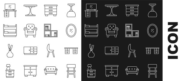设置线椅，办公桌，镜子，家具床头柜，扶手椅，双层床，电视桌和书架与书籍图标。向量图片下载