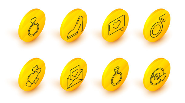 浪漫的音乐，结婚戒指，信封与心，心，男性的性别符号，喜欢和，女性的鞋子高跟鞋和图标。向量图片下载